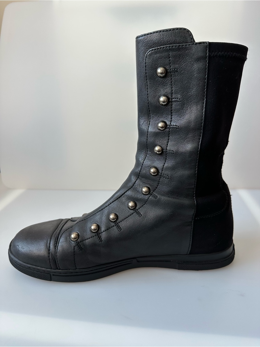 AUTHENTIC STUART WEITZMAN Studded Mid-Calf Black Leather Pull Boots - Picture 10 of 15